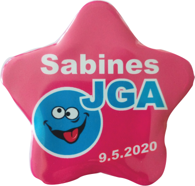 JGA Button mit Namen pink Smiley